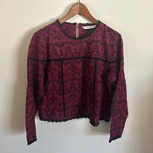 Zara | Burgundy & Black eyelet lace long sleeve blouse